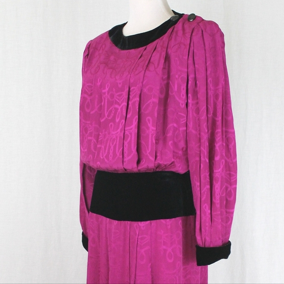 St. Gillian Pleated Fuchsia Pink Silk and Velvet 30s Inspired Vintage 80s  S M - Picture 14 of 14